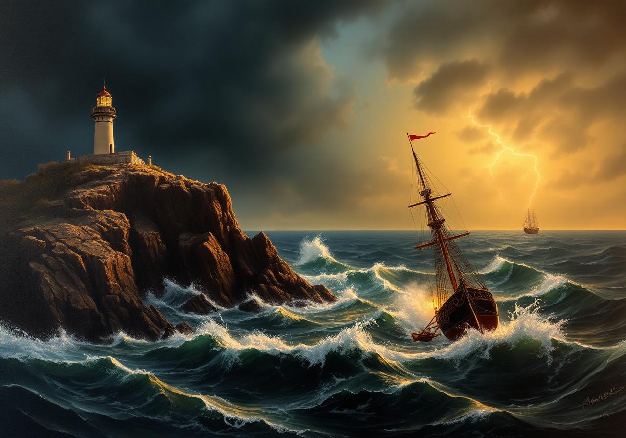 Faro y barco naufragando en una tormenta nocturna